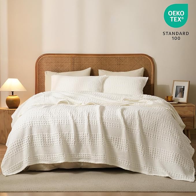 PHF 100% Cotton Waffle Weave Blanket King Size for Bed, Soft Lightweight & Breathable, All-Season Comfort, Luxury Aesthetic Woven Bedding for Home Decor, 108"x90", Ivory