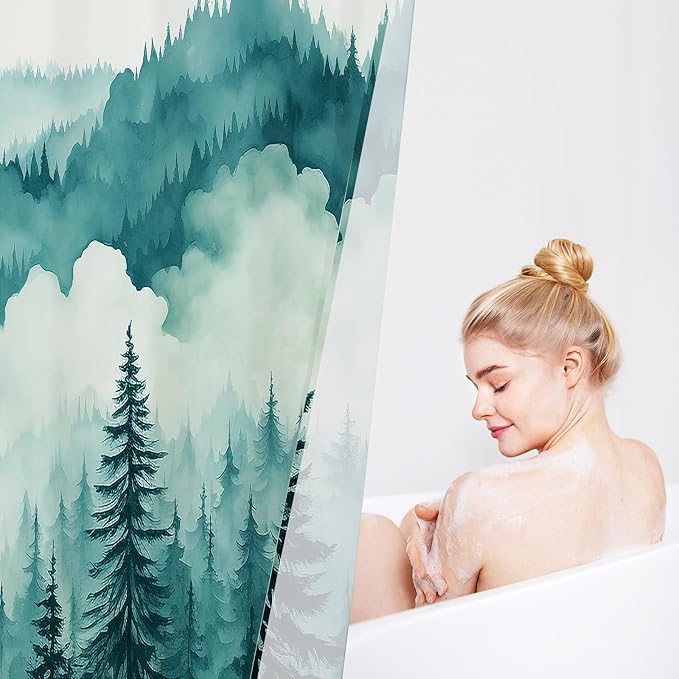 Teal Blue Extra Long Misty Pine Forest Shower Curtain 72 x 84, XL Mountain Foggy Woodland Scenery Tree Shower Curtains for Bathroom, Turquoise Abstract Waterproof Nature-Themed Decor