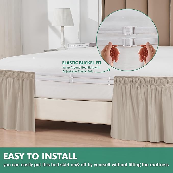 Biscaynebay Wrap Around Bed Skirts with Split Corners for Queen Beds 17" Drop, Light Camel Elastic Dust Ruffles Easy Fit Wrinkle & Fade Resistant Silky Luxurious Fabric Solid Machine Washable