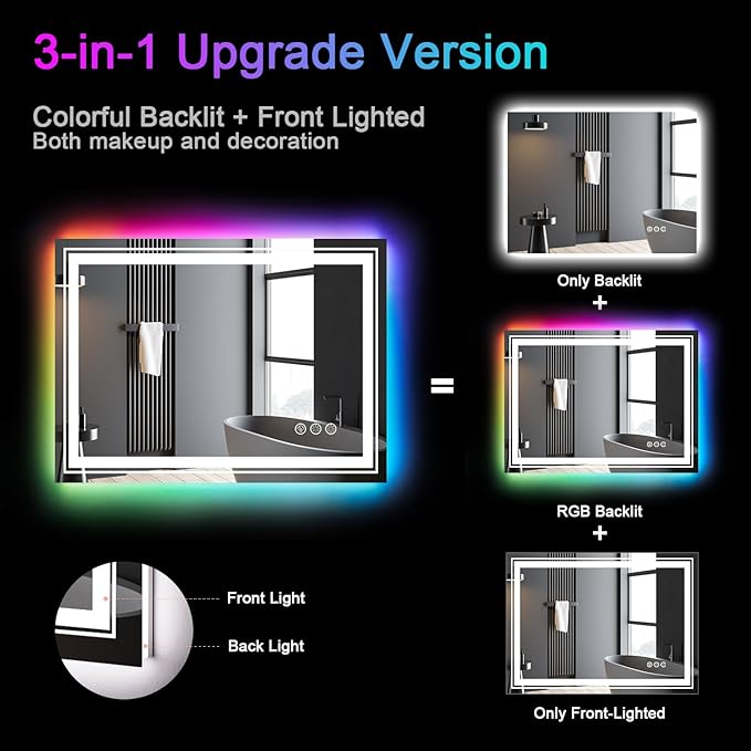 LED Mirror for Bathroom, 20"X28" with 8 RGB Backlit +3 Front Lit (Adjustable Individually), Anti-Fog, Lighted Bathroom Vanity Mirror for Wall, Shatterproof, Memory Function, Tempered Glass
