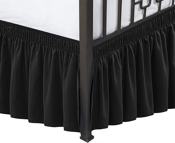 Biscaynebay Wrap Around Bed Skirts with Split Corners for Full Beds 18" Drop, Black Adjustable Elastic Dust Ruffles Easy Fit Wrinkle Resistant Silky Luxurious Fabric Machine Washable