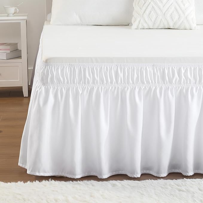 RIMELA White Bed Skirt Queen Size 16 Inch Drop, Elastic Bed Skirting for Bed Base and Frame, Bedding Dust Ruffle Easy to Install, Lightweight Wrap Around Adjustable Bedskirt