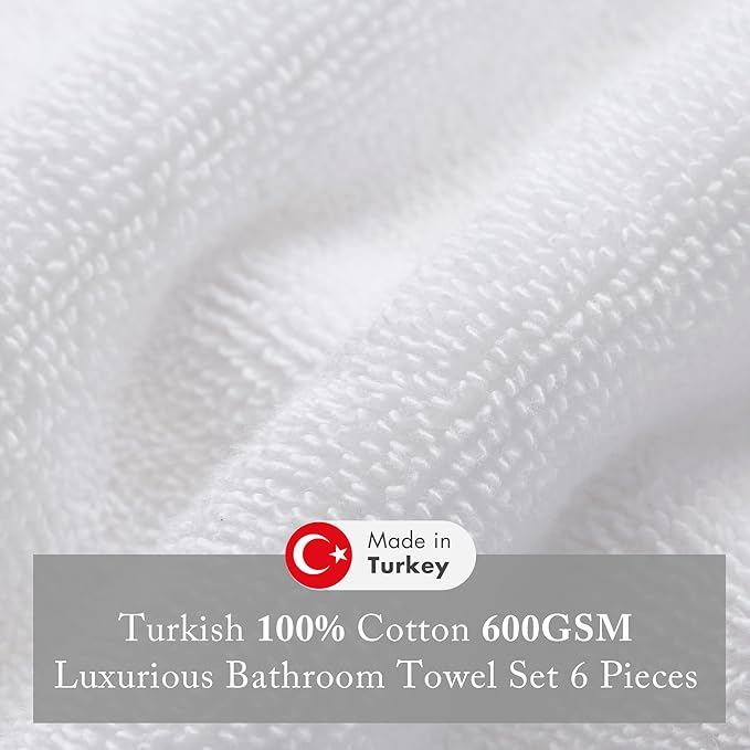 Madison Park Turkish 100% Cotton 600Gsm Luxury Premium Thick Soft Absorbent Hotel Bathroom Towel Set Shower Hand Face Washcloths, Assorted Sizes, White 6 Piece