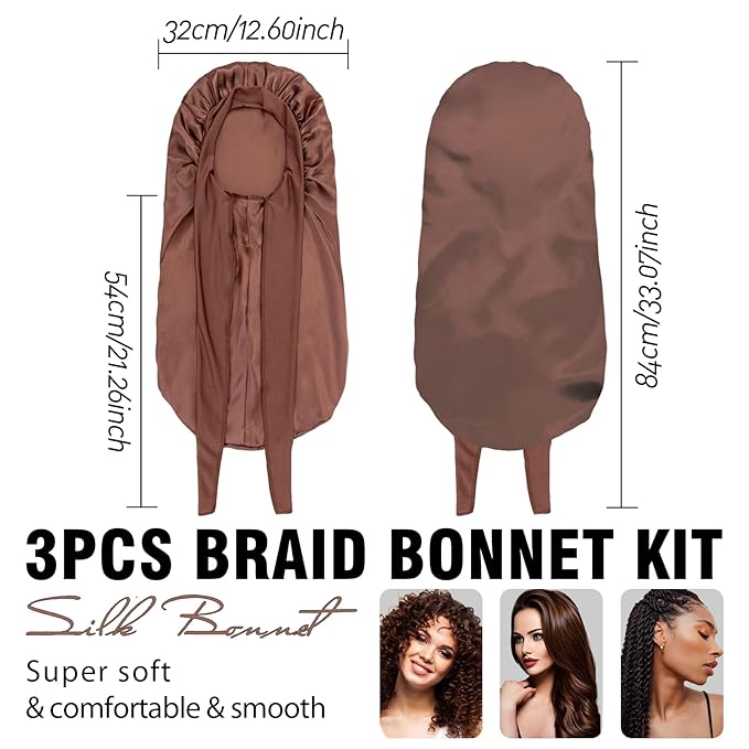 3Pcs Bonnets for Black Women Braid Bonnet, Large Long Satin Bonnet for Braids Sleeping, Black Women Satin Silk Bonnet (3Pcs-Black & Brown & Red)