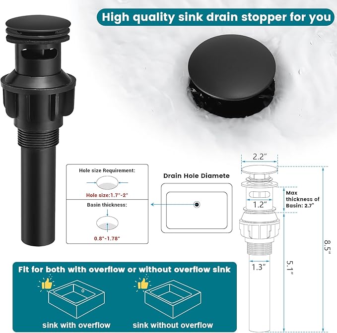 Matte Black Bathroom Faucet 3 Hole, 8 Inch Widespread with Pop-up Drain, 2 Handle Bathroom Sink Faucet, Modern Vanity Faucet for Bathroom Sink with 360° Swivel Spout