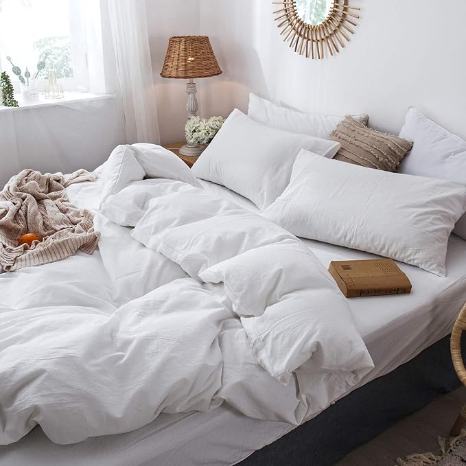 MooMee Bedding Duvet Cover Set 100% Washed Cotton Linen Like Textured Breathable Durable Soft Comfy (Solid Off White, Cal King 104"x98")