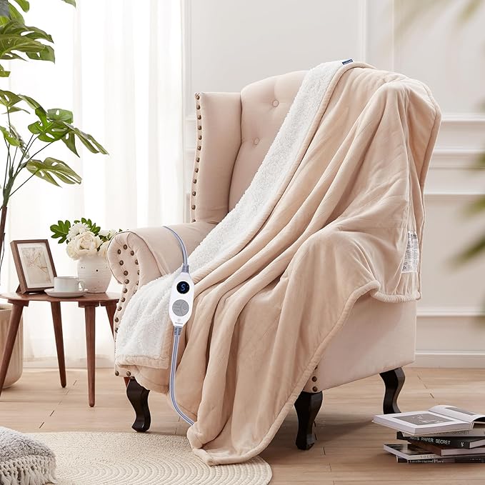 Westinghouse Heated Throw Blanket, Soft Flannel to Sherpa Electric Throw with 6 Heating Levels, 2-10 Hours Time Settings, Fast Heating, Machine Washable 50x60 Inch, Ivory