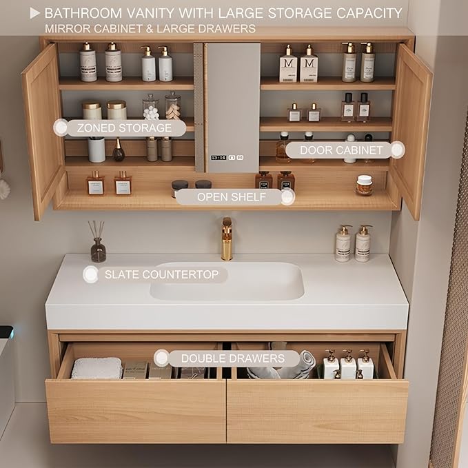 Single Sink Bathroom Vanity, 40Inch Modern Bathroom Vanity Set Includes LED Smart Defogging Mirror Cabinet and Open Shelf, Floating Vanities with One Piece Sink and Drawers Storage(Original Wood )