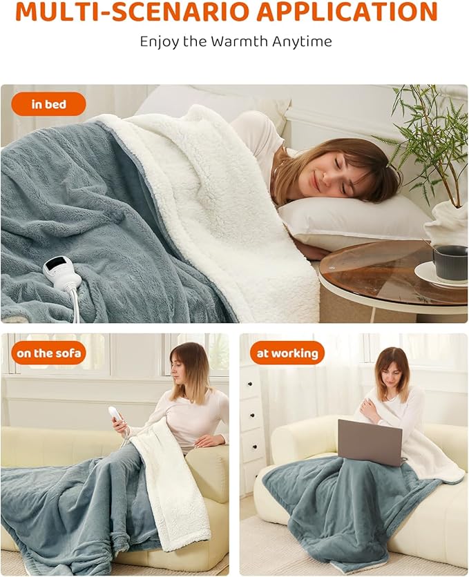 Heated Blanket Throw Size, Electric Throw Blanket, Heated Throw Blanket Electric Faux Fur Heating Blanket with 9 Heating Levels & 1-9 Hours Auto Off, Fast Heat & Overheat Protection, 50" x 60", Gray