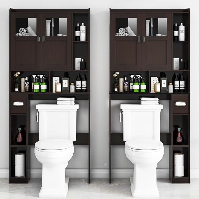 Vabches Over The Toilet Storage Cabinet, Bathroom Shelf Over Toilet with Glass Doors and Adjustable Shelves, Espresso Freestanding Home Space Save Toilet Rack for Restroom, Bathroom, Laundry