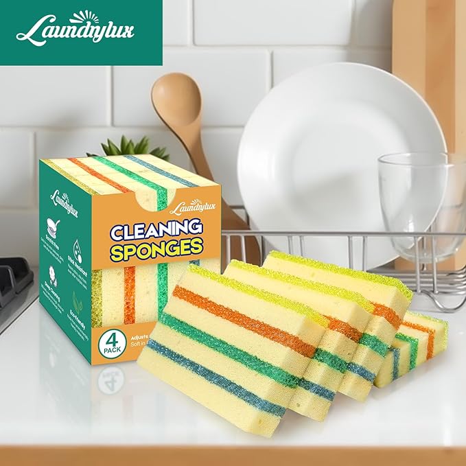 4 Pack Scrub Sponge - Temperature-Responsive - 50% More Power & Rinses Cleaner Cleaning Sponges, Multipurpose Dish Sponges for Kitchens, Bathrooms, and Outdoor Use - Patent Pending