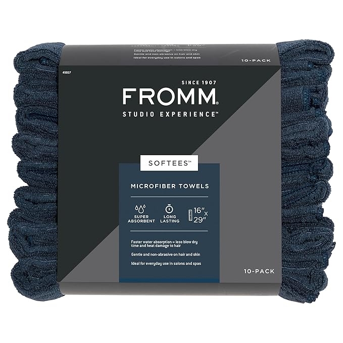 Fromm Softees Microfiber Salon Hair Towels for Hairstylists, Barbers, Spa, Gym in Navy, 16" by 29", 10 count Perfect Hair Care Towel for Drying Curly, Long, Wavy Hair