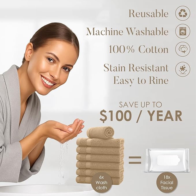 DAN RIVER 12-Pack Premium 100% Cotton TAN Face Towels – Reusable Face Towel Set, Soft & Absorbent wash Cloths for Body – Hand and Face Towels, 550 GSM (12x12 in)