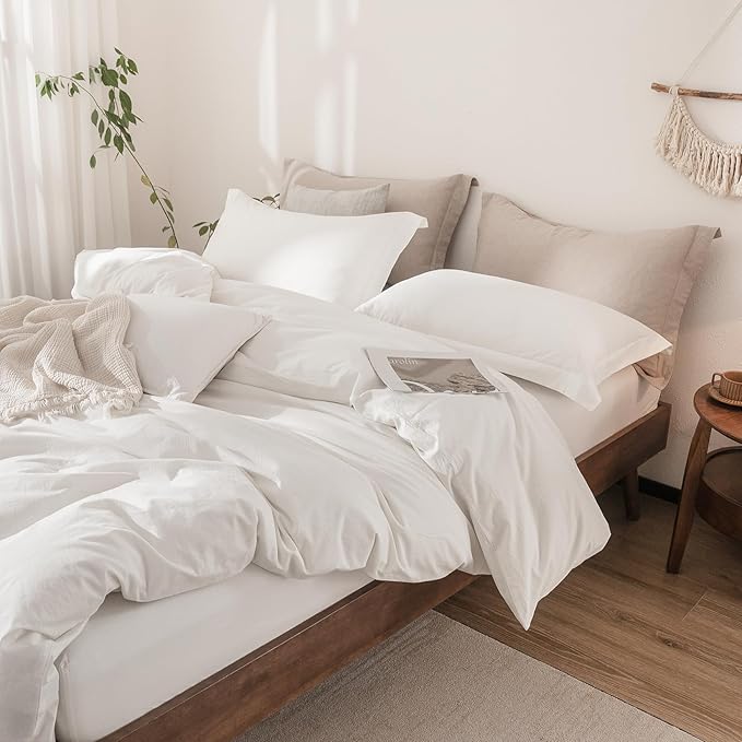 Off White Duvet Cover Super Queen Size 100% Washed Cotton Bedding Set Cover 1 Duvet Cover Zipper Closure and 2 Pillowcases, 98inchx90inch