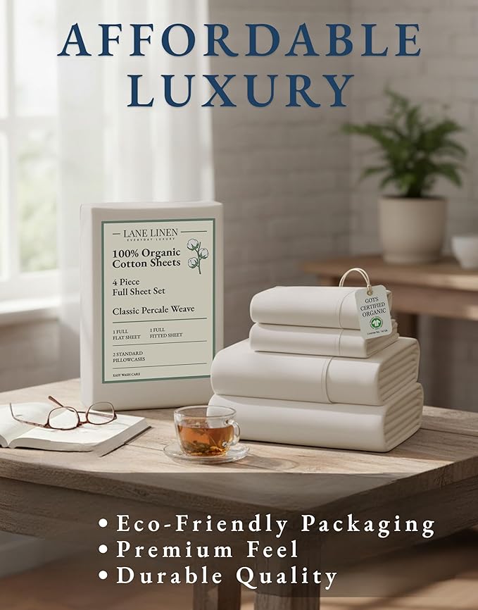 LANE LINEN 100% Organic Cotton Full Sheets Set 4-Piece Pure Percale Long Staple Soft Bedding Breathable Fits Mattress Upto 15" Deep - Glacier Grey