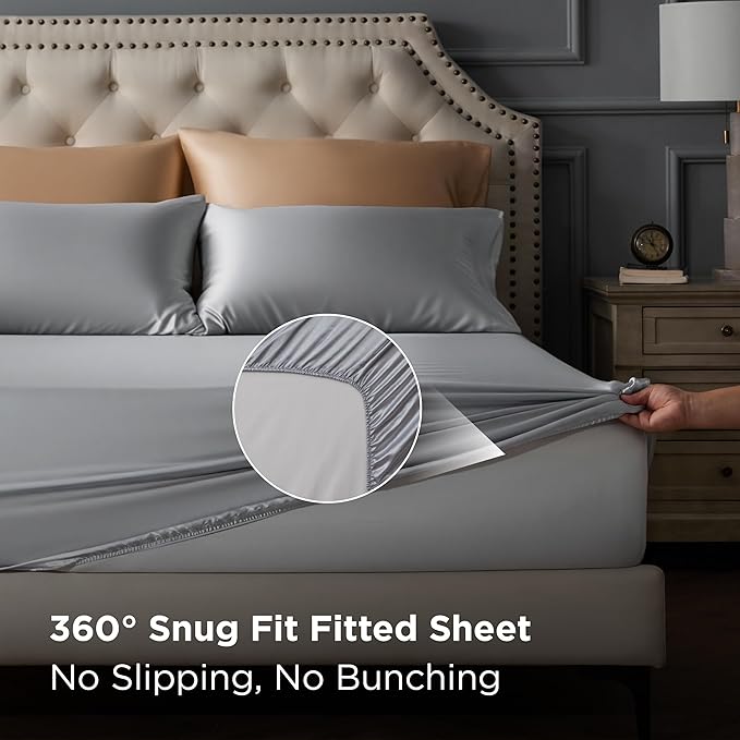 Bedsure Satin Sheets Full Size - 4 Piece Silky Bedsheets with 15 Inches Deep Pocket Fitted Bedsheet,1 Flat Sheet, 2 Satin Pillowcases, Good for Hair & Skin (Full, Silver Grey)