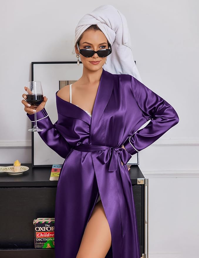 Ekouaer Silk Robes for Women Shawl Collar Satin Bathrobe Long Bride Wedding Party Robe Lightweight Sexy Sleepwear S-XXL