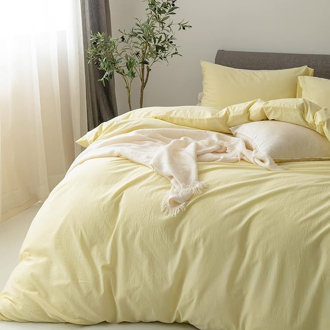 FOSSA Duvet Cover Set 100% Washed Cotton Linen Feel Super Soft Breathable Cozy 3 Pieces Bedding Sets Solid Pastel Yellow Oversized King