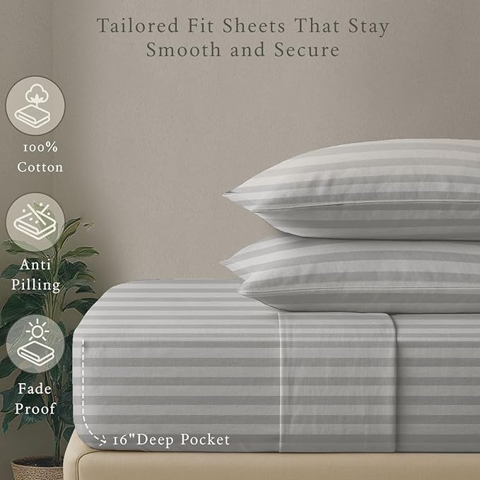 Threadmill 500 Thread Count Full-Size Damask Stripe, 4 Pc Luxury Cotton Sheet Set, Breathable Light Grey Sheets with 16" Elasticized Deep Pocket, 2 Pillowcases & Free Tote Bag