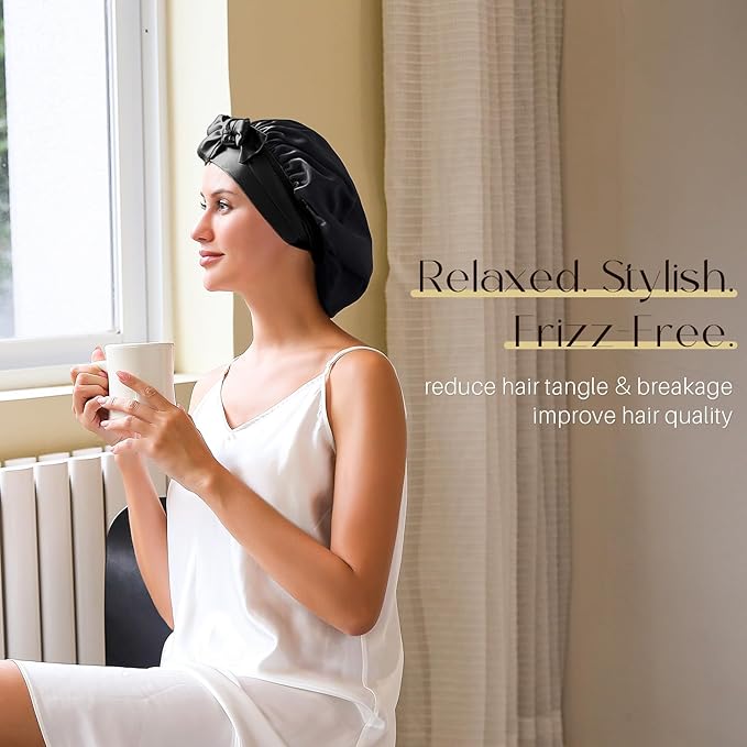 ZIMASILK 100% Mulberry Silk Bonnet for Sleeping Women Long Hair Double Layer Silk Hair Wrap with Tie Band Stay On Head (1Pc, Black)