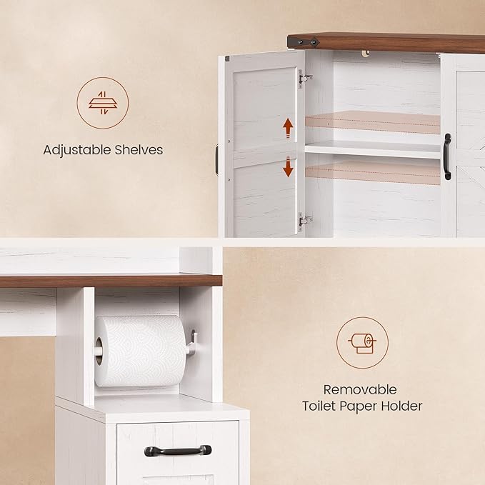 Farmhouse Over The Toilet Storage Cabinet with Pulley Small Bathroom Storage Cabinet, Space Saver W/Adjustable Shelf & Open Shelf for Bathroom, Restroom, Laundry (White Brown-Type B)