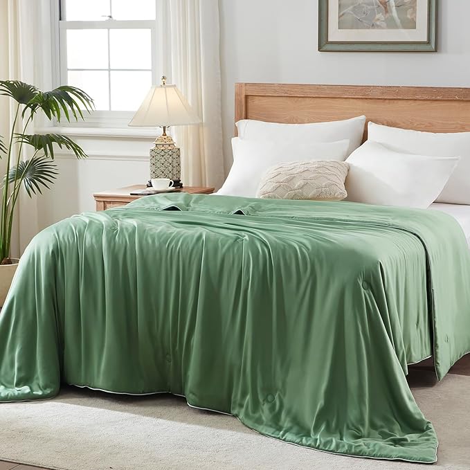 Globon Lightweight Comforter King Size,Summer Blanket for Hot Sleepers Keep Cool,Silk Soft Bamboo Viscose Shell,Organic Breathable Fill,Double Stitch,Sage Green