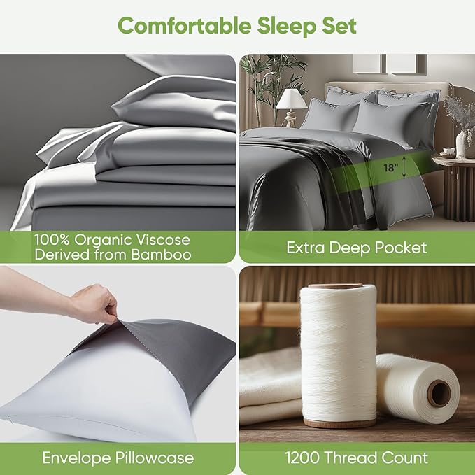 TWK Luxury Sheet Set, Genuine 100% Viscose Derived from Bamboo, Cooling & Breathable, Silky Soft, Bedding Sheets & Pillowcases (Gray, King)