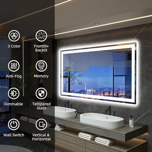 60"x 36" LED Bathroom Mirror, Double Lighting Sources Dimmable, Backlit + Front Lit, Anti-Fog, Stepless Dimmable, Lighted Bathroom Vanity Mirror for Wall Tempered Glass (Horizontal/Vertical)