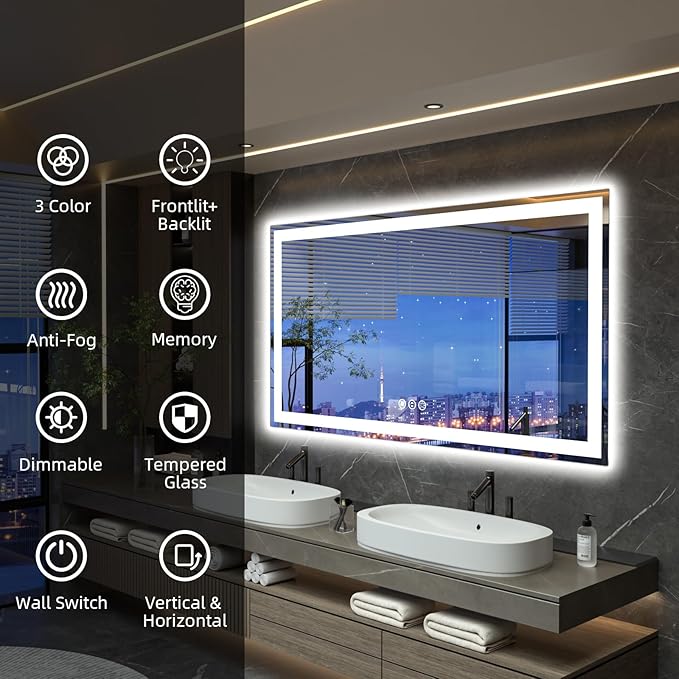 55"x 36" LED Bathroom Mirror with Lights, Double Lighting Sources Dimmable, Backlit + Front Lit, Anti-Fog, 3 Colors Lighted Bathroom Vanity Mirror for Wall Tempered Glass (Horizontal/Vertical)