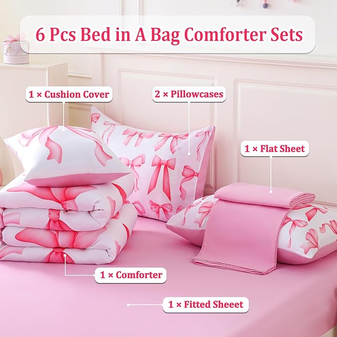 6 Pieces Full Comforter Sets with Sheets Pink Bed in a Bag for Girls,Bow Comforter Set,Bow Full Bedding Sets for Kids