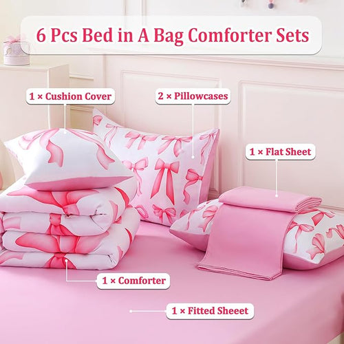 6 Pieces Full Comforter Sets with Sheets Pink Bed in a Bag for Girls,Bow Comforter Set,Bow Full Bedding Sets for Kids