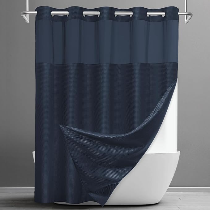 No Hook Shower Curtain with Snap in Liner Set Waffle Shower Curtain for Bathroom Hotel Style Fabric Waterproof Inner Liner，71" W x 74" H, Navy Blue