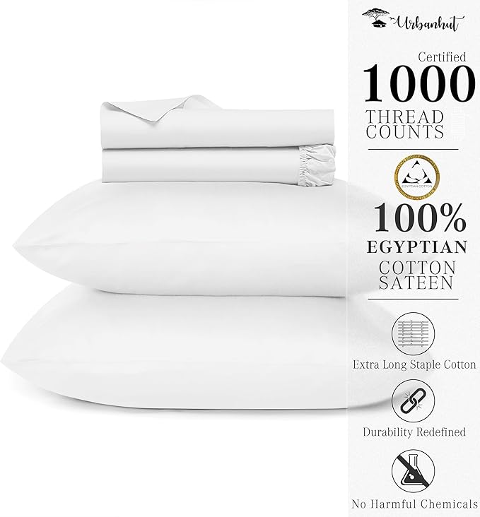URBANHUT 100% Egyptian Cotton Full Size Sheet Set - 1000 Thread Count, Luxury Bedsheets for Full Size Bed, Long Staple, 16 Inches Deep Pocket, Super Soft Breathable, Sateen Weave Sheets, 4 Pc White