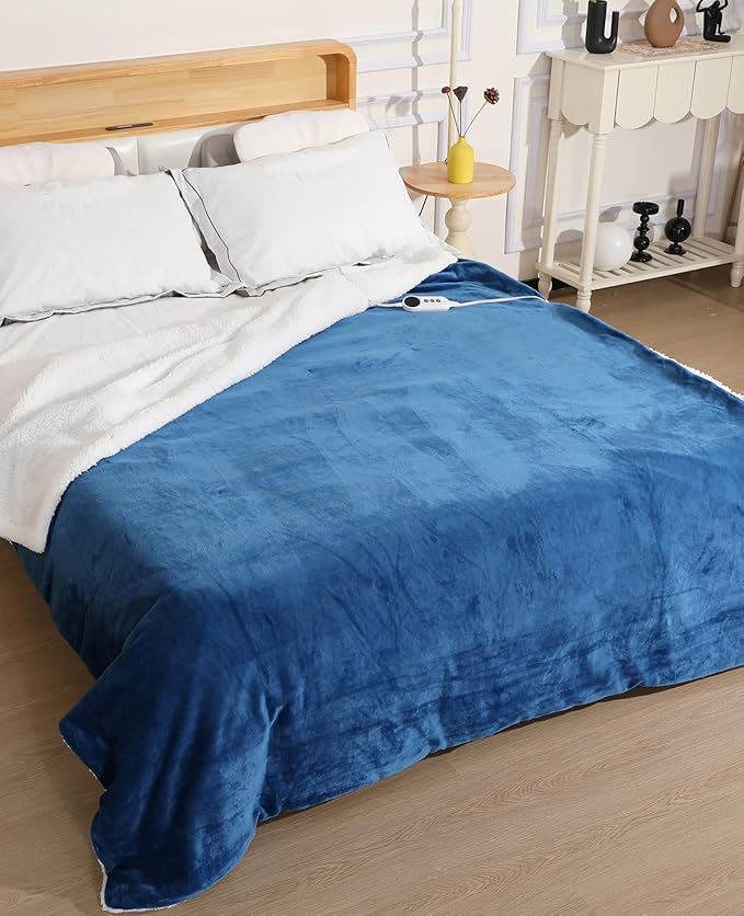 Heated Blanket 72"x84" Full Size, Dual-Sided with Soft Flannel & Sherpa Fabric, Electric Blanket with 9 Heating Levels & 2-10 Hours Auto Off, Machine Washable, Blue