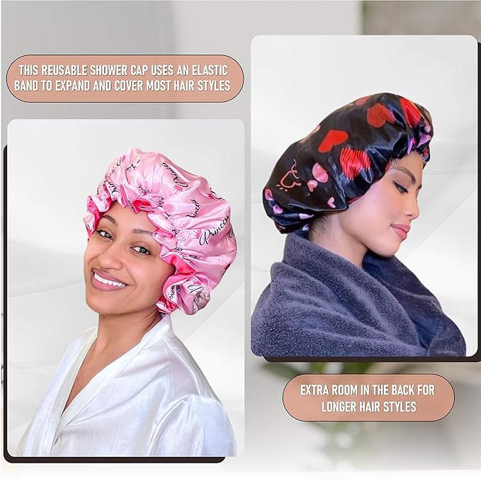 Satin Shower Cap for Women, Reusable and Waterproof Shower Cap for Long Hair, Luxury Print and Double Layer (Black Hearts, Large)