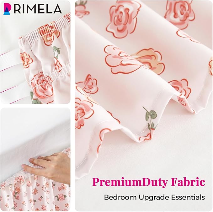RIMELA Pink Rose Floral Bed Skirt Queen Size 15 Inch Drop, Elastic Bed Skirting for Bed Frame, Bedding Dust Ruffle Easy to Install, Lightweight Wrap Around Adjustable Bedskirt
