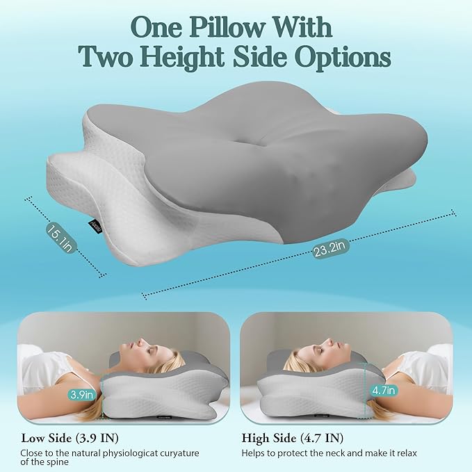Cervical Neck Pillow for Pain Relief - Ergonomic Bed Pillow for Neck Support, Cooling Contour Orthopedic Memory Foam Pillows for Side Back Stomach Sleepers (Light Grey, Queen-23.2''Lx15.1''Wx4.7''H)