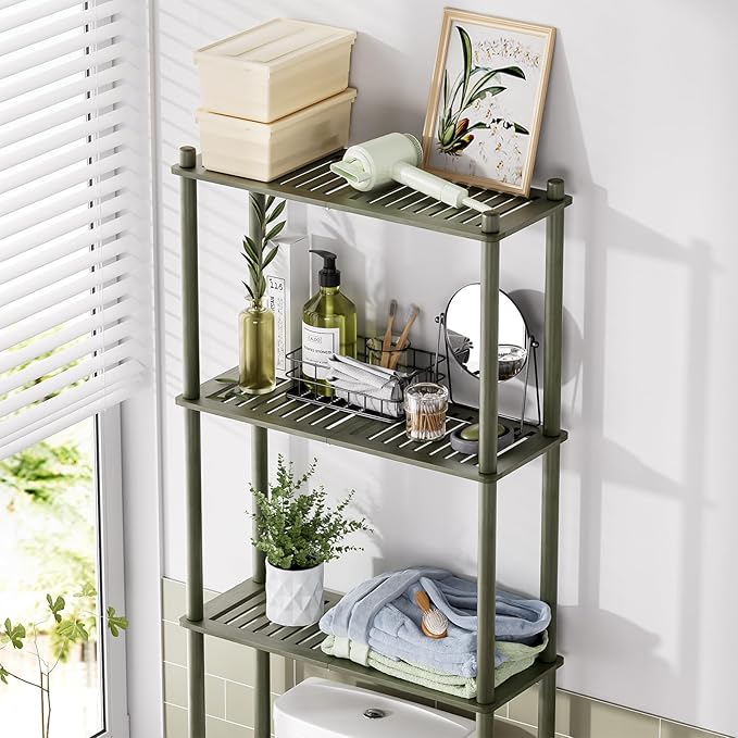 AmazerBath Bamboo Over The Toilet Storage Shelf, 3-Tier Over Toilet Bathroom Organizer Rack, Bathroom Shelves Over Toilet Space Saver, Forest Green