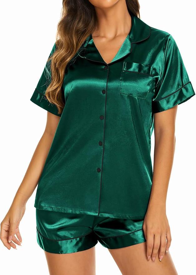 Ekouaer Pajamas for Women Set Silk Satin Pjs Shorts Sleepwear 2 Piece Loungewear S-XXL