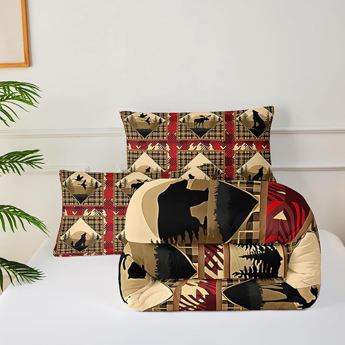 Red and Black Plaid Comforter Set Queen，Queen Size Bedding Set Animal Print，Rustic Farmhouse Quilt Bedding Sets Queen，Animal Print Bedroom Decor，with 1 Comforter with 2 Pillow Case