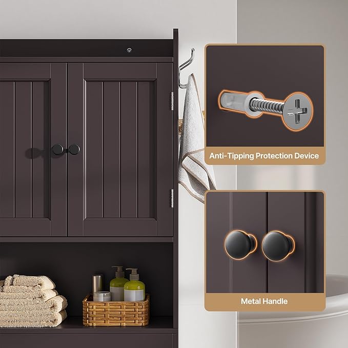 Gizoon Over The Toilet Storage Cabinet, Over Toilet Bathroom Organizer with Adjustable Shelves and 2 Doors, Over Toilet Storage Cabinet with Paper Holder, 2 Side Hooks, Space-Saver, Dark Brown