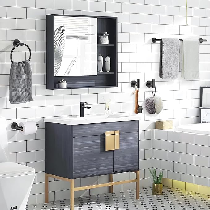 Lairuier 5 Pieces Matte Black Bathroom Accessories Set, 23.6 Inch Bath Towel Bar Set, SUS304 Stainless Steel Bathroom Hardware Set Round Toilet Paper Holder Set Wall Mounted
