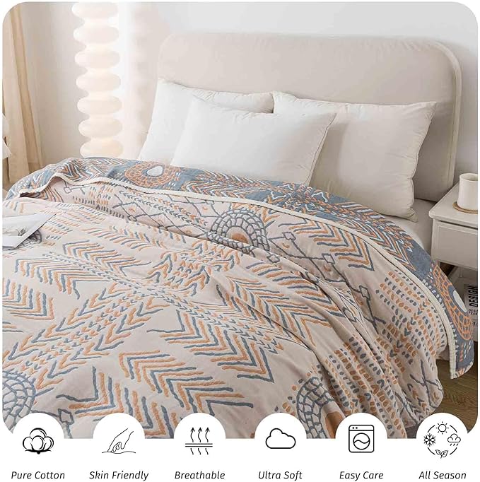 Qidordour Boho Throw Blanket, 60"x80" Muslin Blankets, 100% Organic Cotton Blanket for Couch Sofa, Lightweight Quilt, All Season Bed Throw, Farmhouse Home Decor, D-Indian Arrowhead