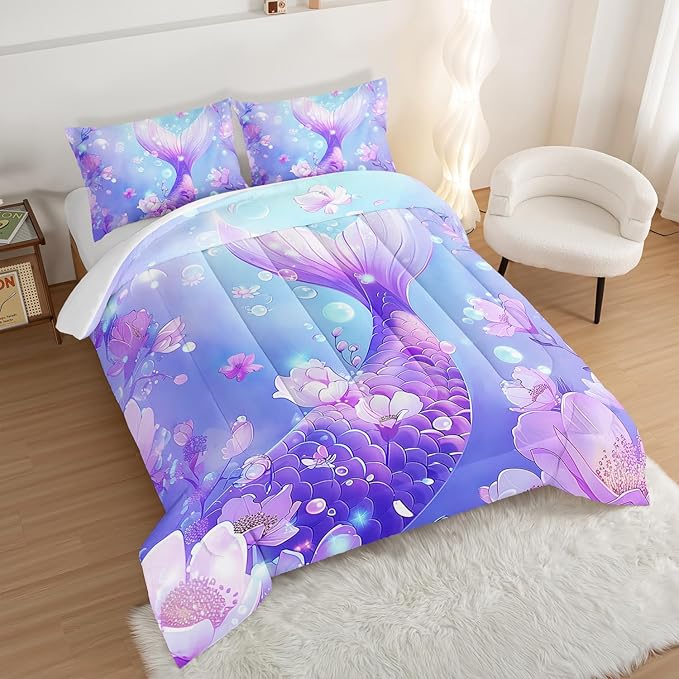 Pretty Mermaid Comforter King for Girls Kids, Mermaid Fish Scale Floral Pattern Bedding for Girls Bedroom Decor, Ocean Themed Comforter Bedding Set with 2 Pillowcases
