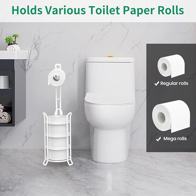 TomCare Toilet Paper Holder Toilet Paper Stand and Dispenser for 4 Mega Rolls Metal Wire Free Standing Toilet Tissue Paper Roll Storage Shelf Bathroom Accessories Storage Organizer White