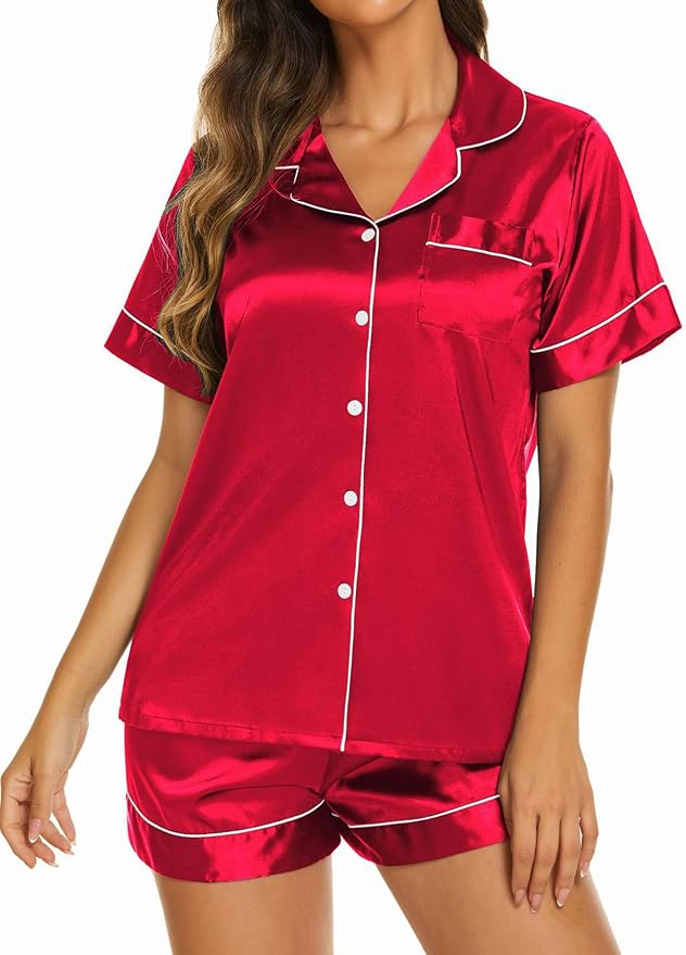 Ekouaer Pajamas for Women Set Silk Satin Pjs Shorts Sleepwear 2 Piece Loungewear S-XXL