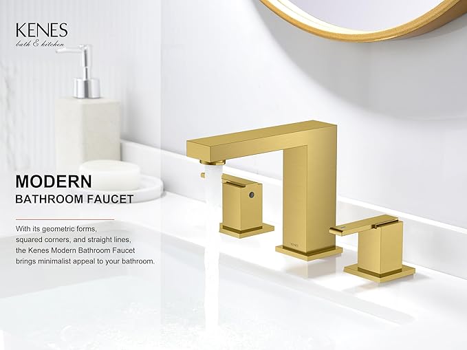 KENES Brushed Gold Widespread Bathroom Faucet 3 Hole Bathroom Sink Faucet Gold Two Handle, 8-Inch 3 Pieces Bathroom Vanity Faucet with Pop Up Drain & Supply Lines, KE-9050-4-P