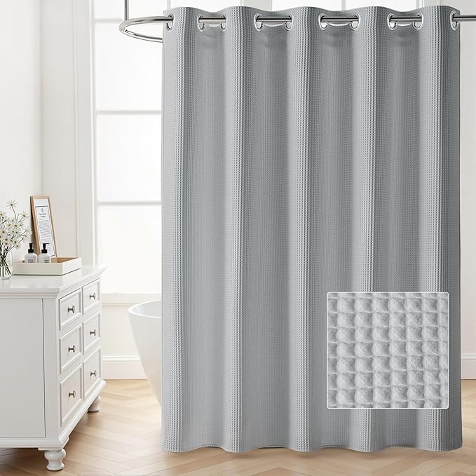River Dream Grey No Hooks Waffle Shower Curtain with Snap in Liner,Cotton Blend Fabric Shower Curtain for Bathroom,Hotel Quality,71W x 74L