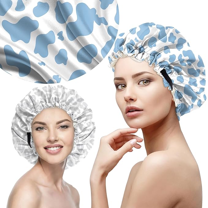 2 PCS Bonnets for Women Girls Satin Hair Bonnet Silk Adjustable Elastic Double Layer Hair Wrap Sleep Cap Comfort Cute-Cow Leopard