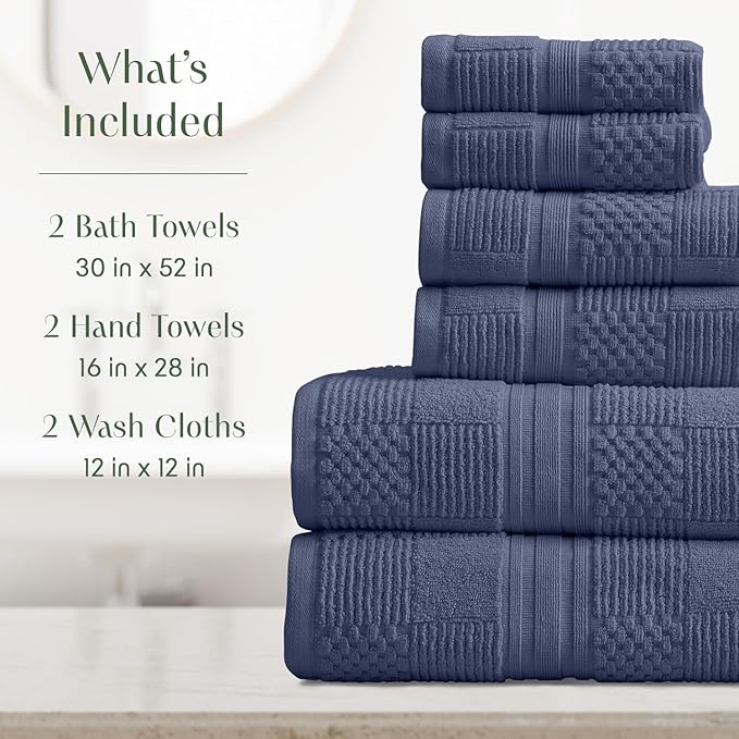 Springtree Home 100% Cotton Bathroom Towel Set | 6 Piece Set - Blue Towels | Geometric Textured Design | Absorbent & Quick-Dry | Oeko-TEX® Standard 100 Cotton | Myla Collection - Indigo